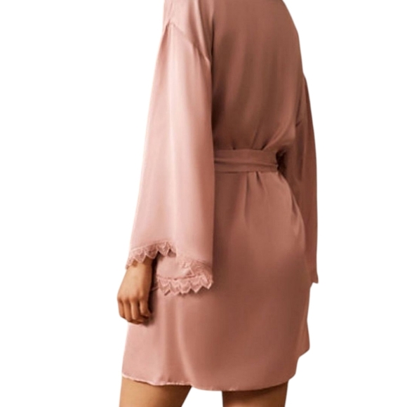 BHLDN Anthro Matine Robe Rose Pink Viscose Tie Waist Lace Trim Bride Soft Medium - Picture 4 of 10